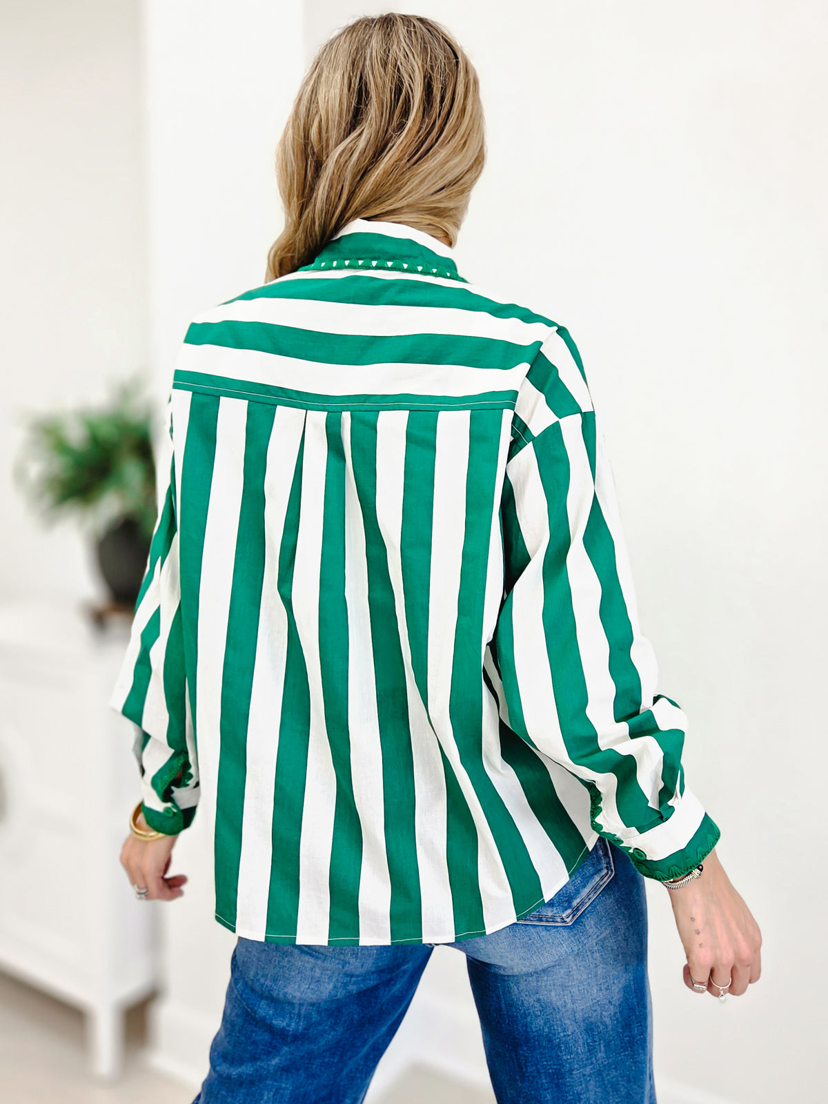 Stripe Embroidered Scallop Trim Cotton Shirt