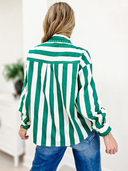 Stripe Embroidered Scallop Trim Cotton Shirt