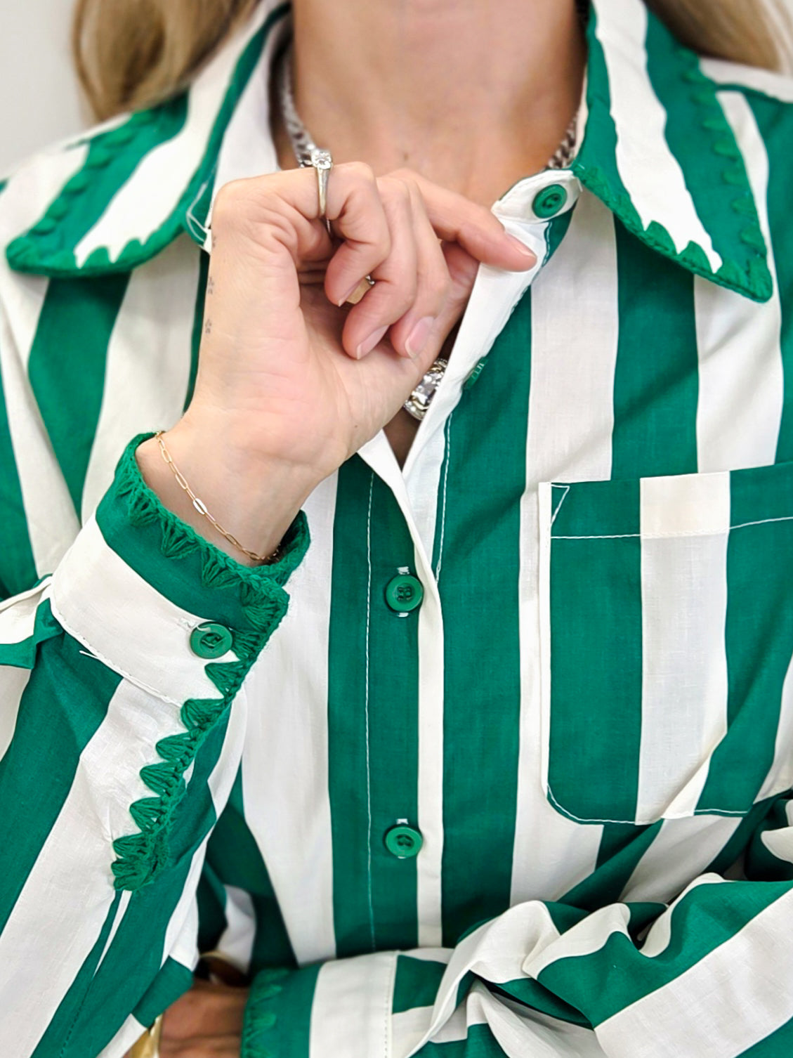 Stripe Embroidered Scallop Trim Cotton Shirt