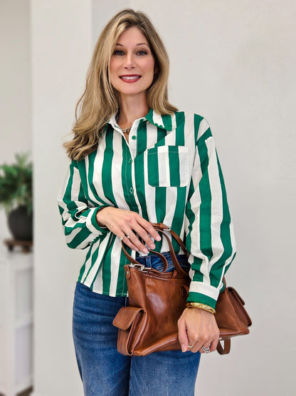 Stripe Embroidered Scallop Trim Cotton Shirt