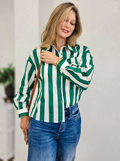 Stripe Embroidered Scallop Trim Cotton Shirt