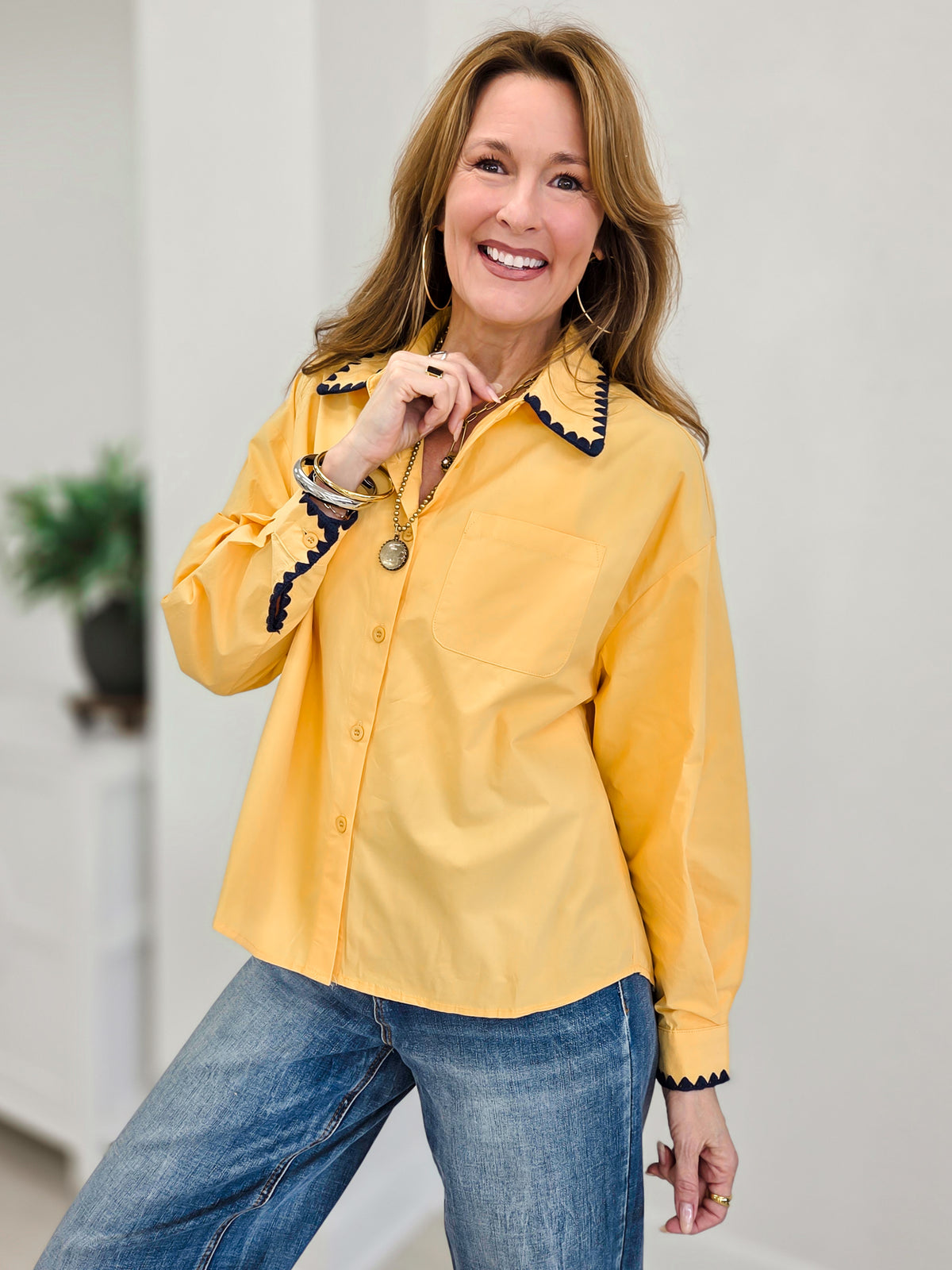 Lottie Solid Embroidered Scallop Trim Cotton Shirt
