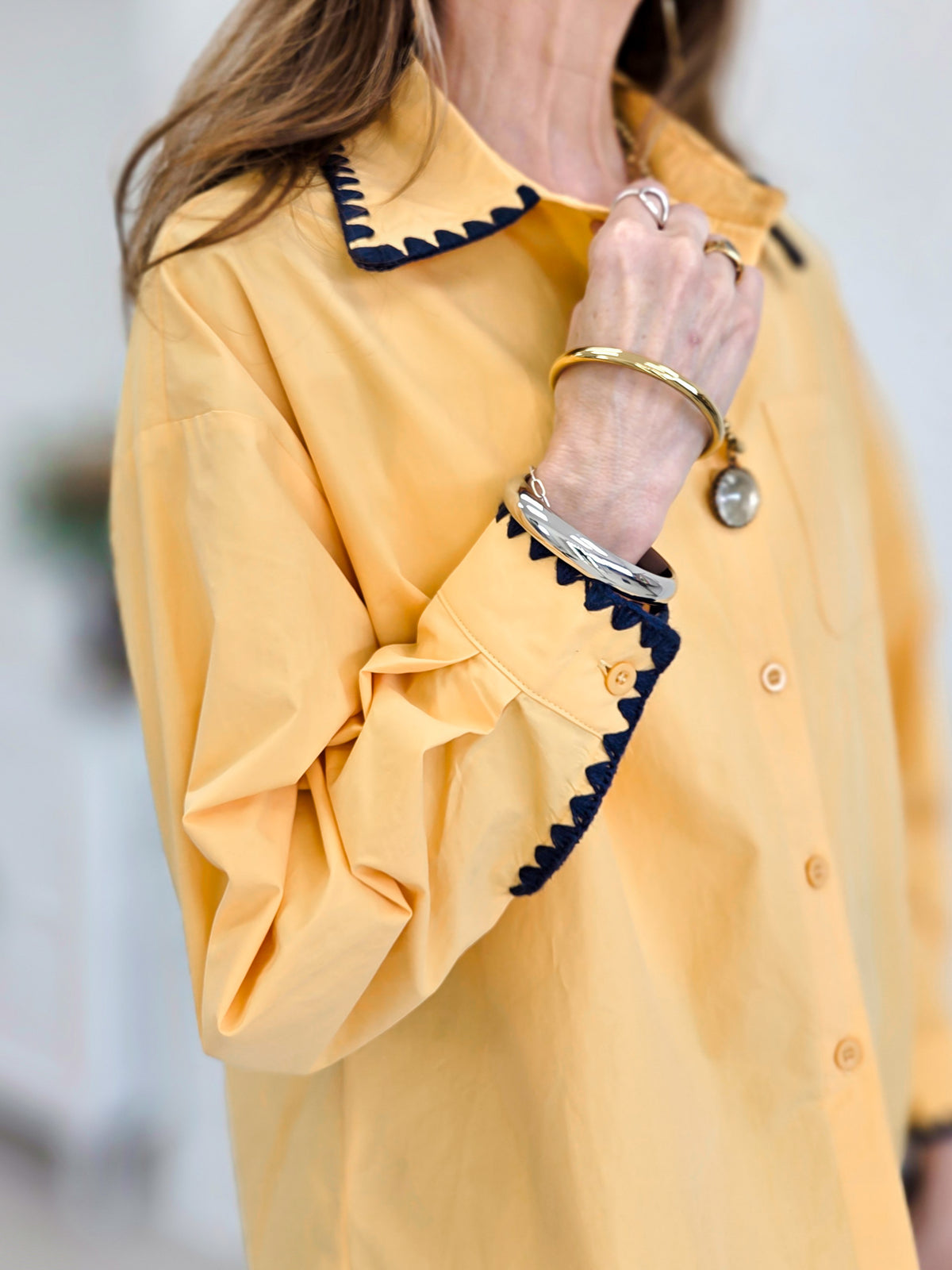 Lottie Solid Embroidered Scallop Trim Cotton Shirt