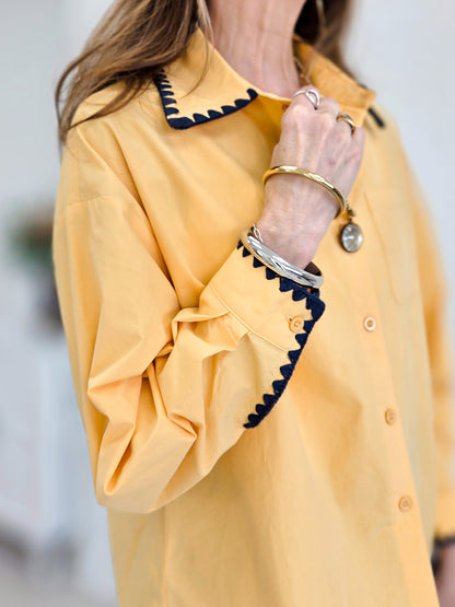 Lottie Solid Embroidered Scallop Trim Cotton Shirt