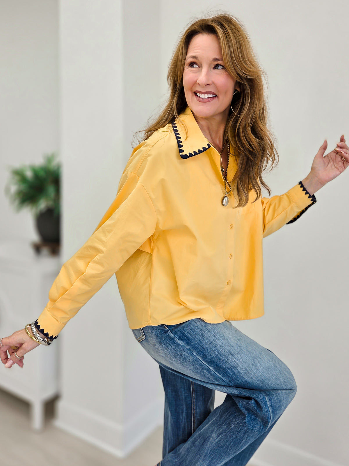 Lottie Solid Embroidered Scallop Trim Cotton Shirt