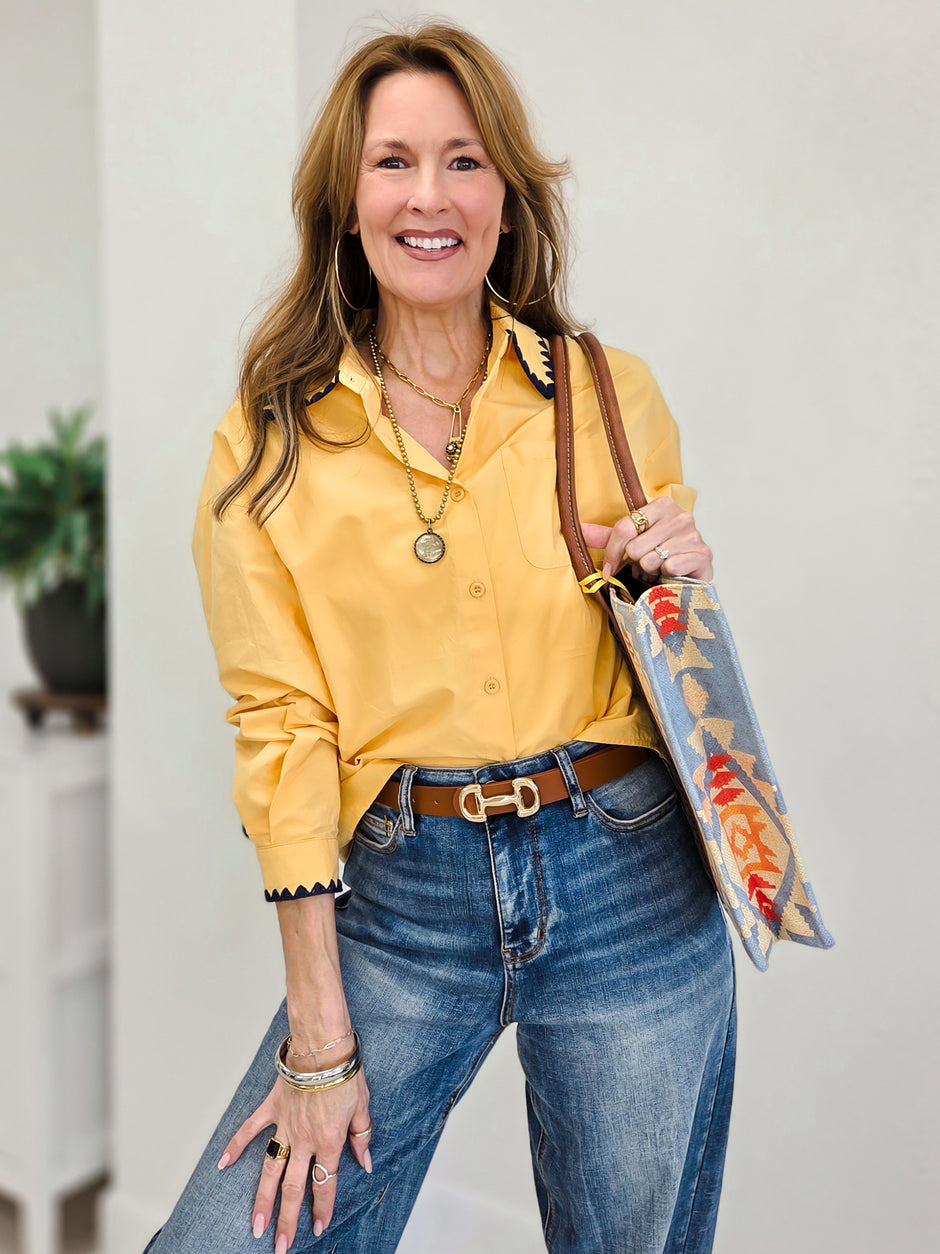 Lottie Solid Embroidered Scallop Trim Cotton Shirt