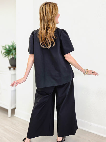 Sandy Poplin Set Featuring A Hi Lo Top & Wide Leg Pants