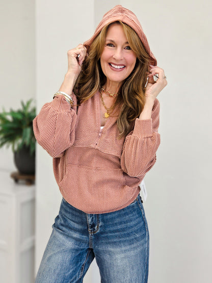 Stretchy Corduroy Inspired Half Zip Hoodie
