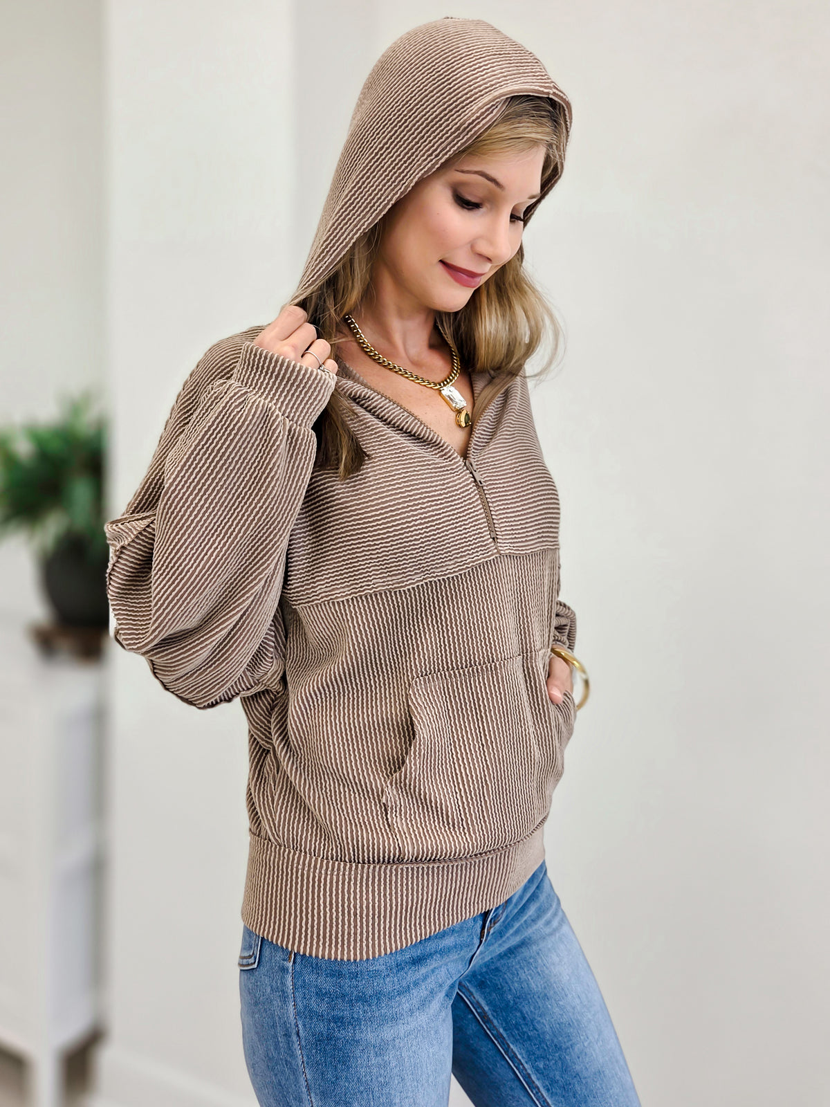 Stretchy Corduroy Inspired Half Zip Hoodie