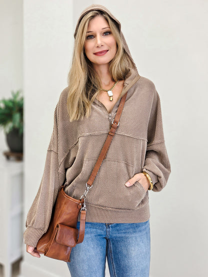 Stretchy Corduroy Inspired Half Zip Hoodie