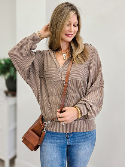 Stretchy Corduroy Inspired Half Zip Hoodie