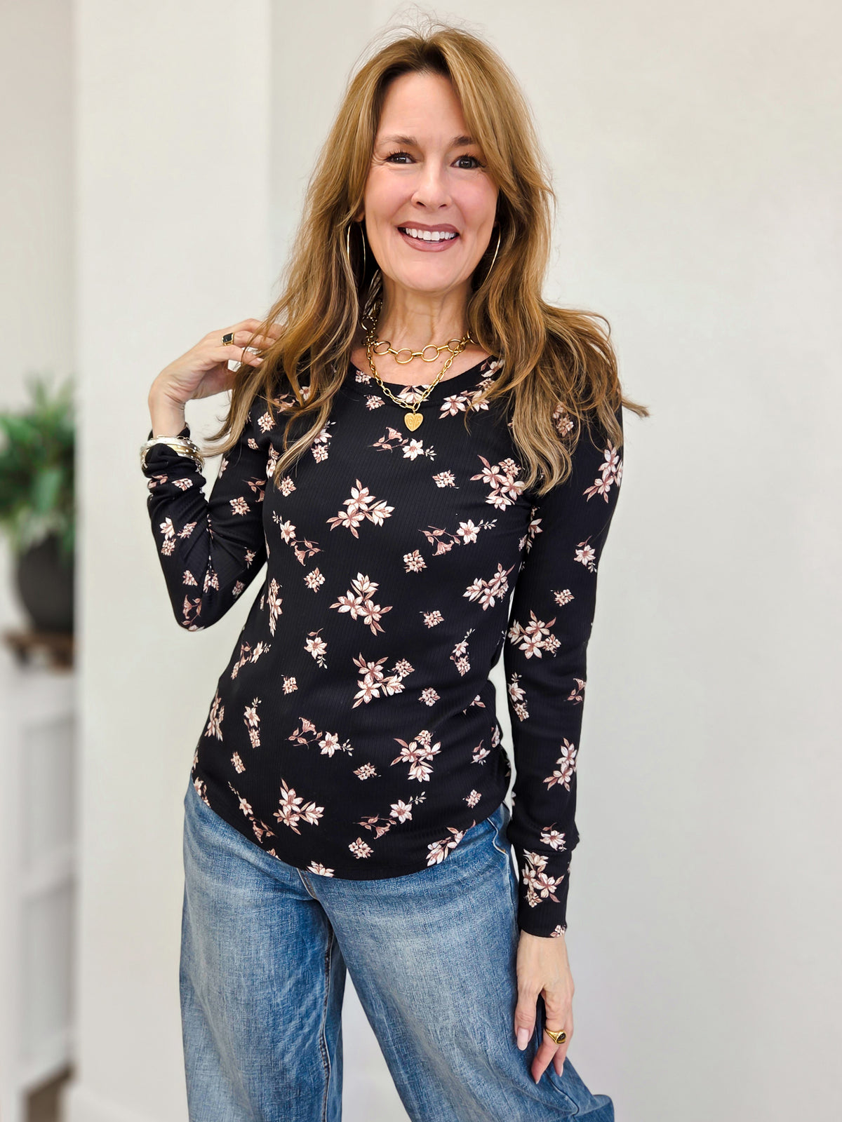 Floral Rib Long Sleeve Round Neck Top