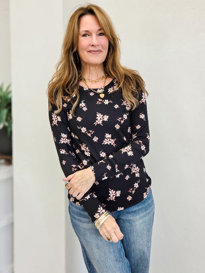 Floral Rib Long Sleeve Round Neck Top