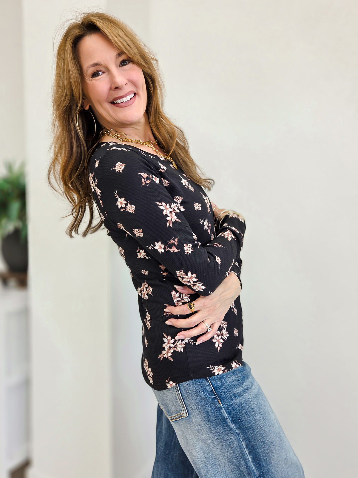 Floral Rib Long Sleeve Round Neck Top