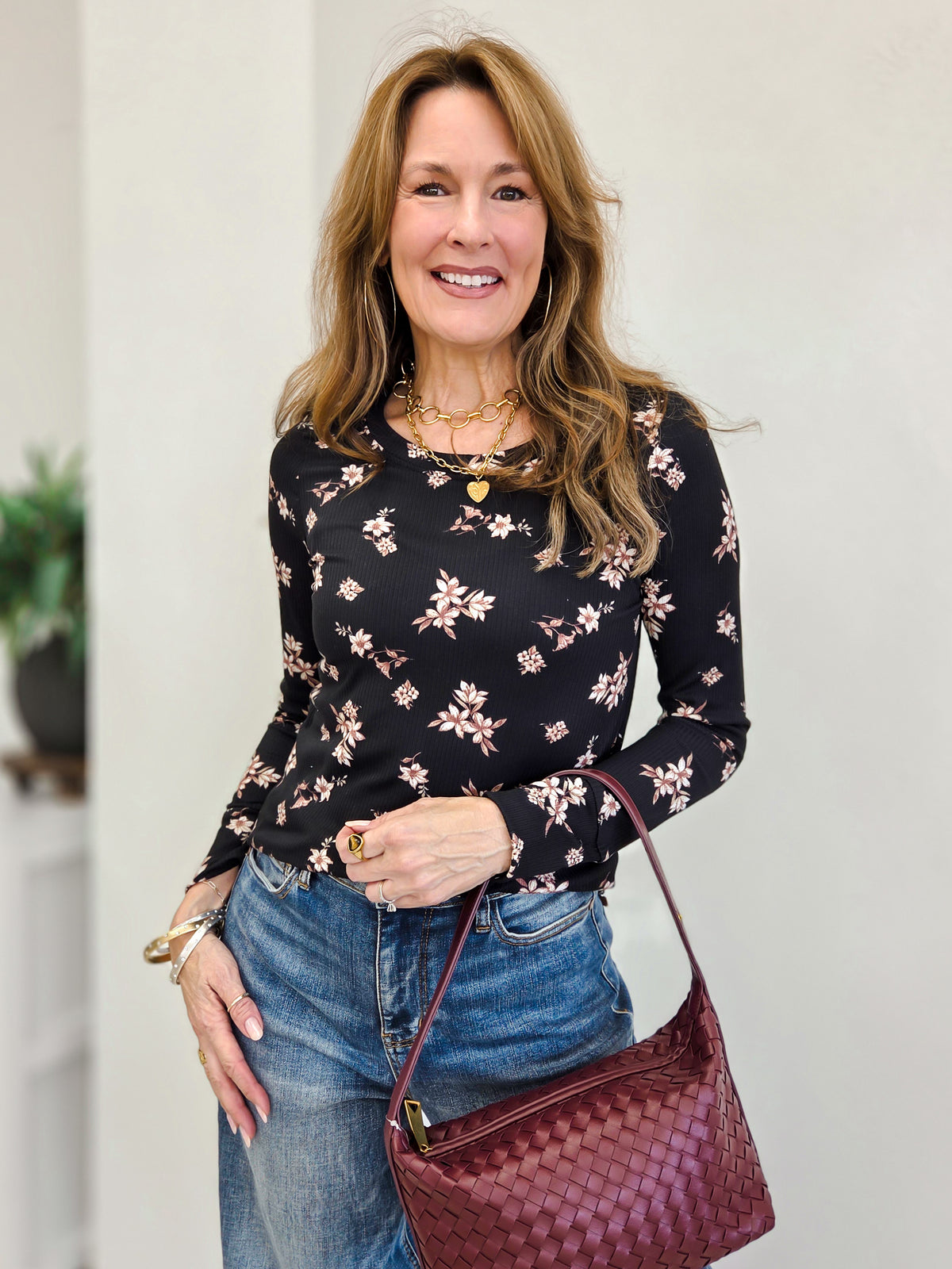 Floral Rib Long Sleeve Round Neck Top