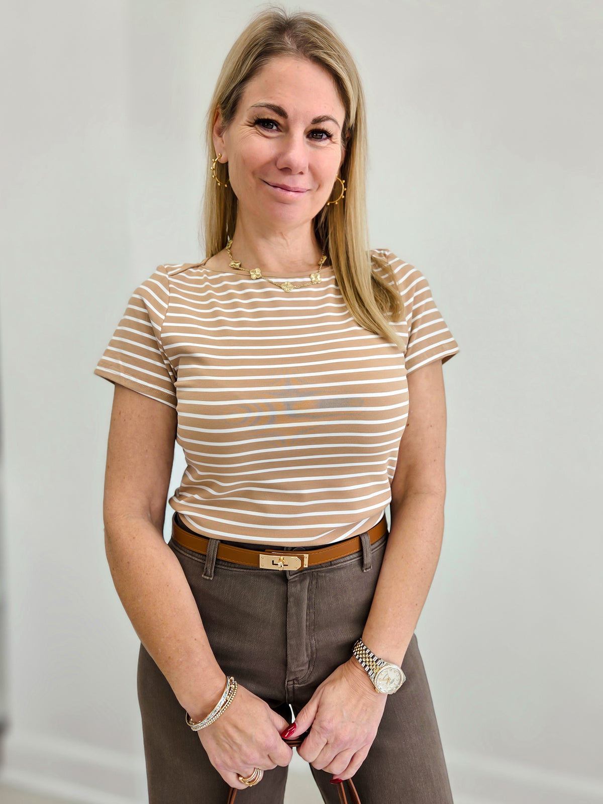 The Classic Charm Short Sleeve Boat Neck Top - Autumn Arrivals