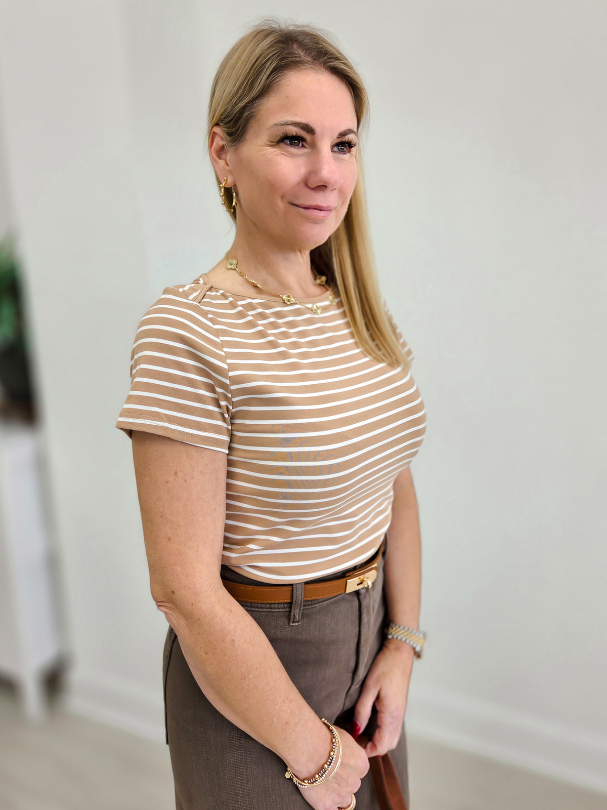 The Classic Charm Short Sleeve Boat Neck Top - Autumn Arrivals