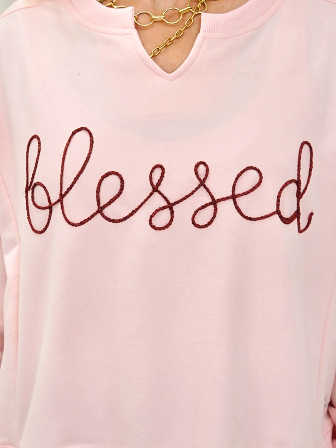 Long Sleeve V-Neck Embroidered Blessed Top