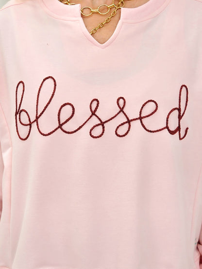 Long Sleeve V-Neck Embroidered Blessed Top