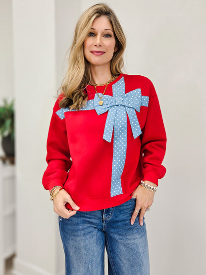 Polka Dot Bow Crew Neck Sweatshirt