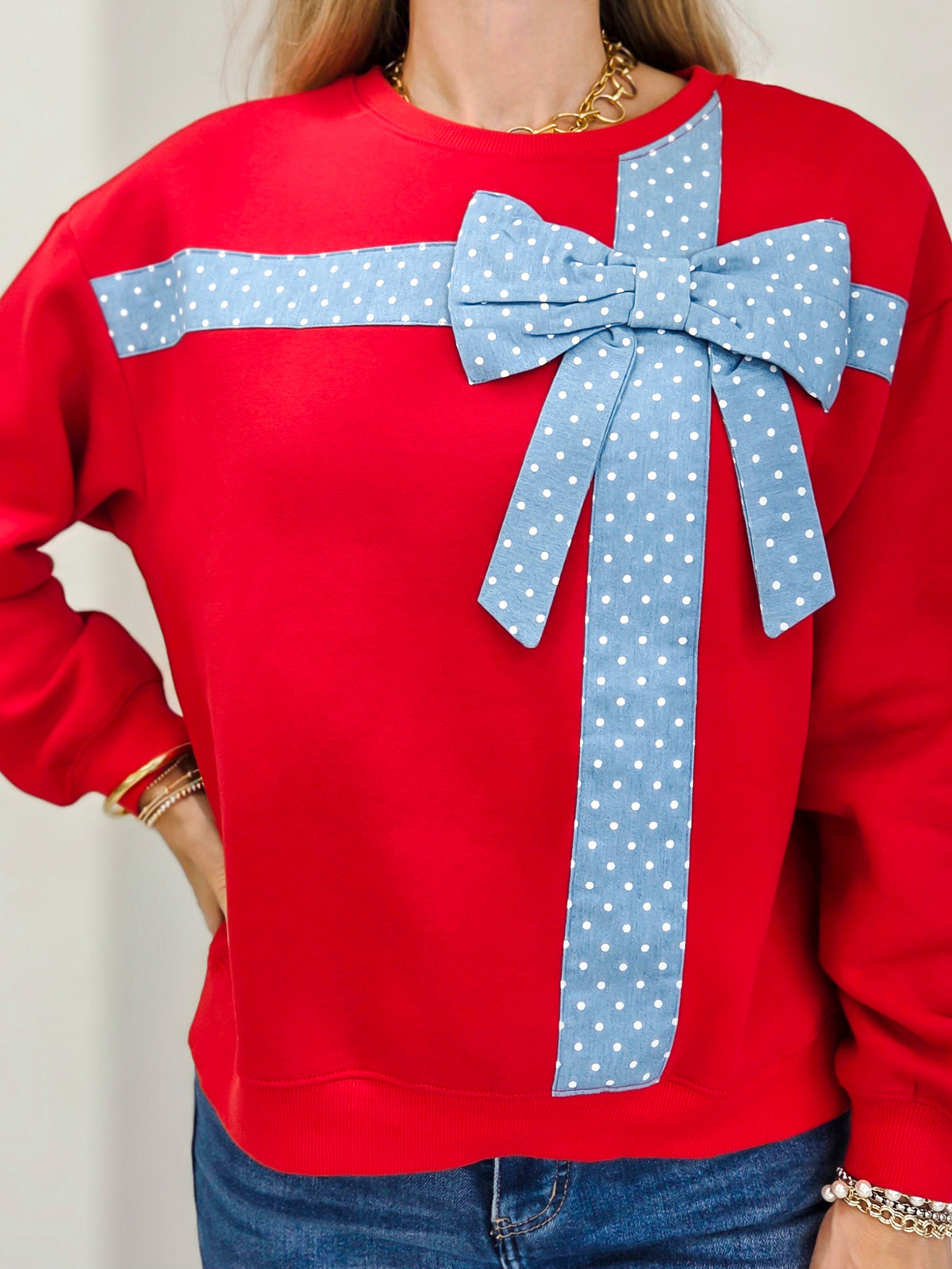 Polka Dot Bow Crew Neck Sweatshirt