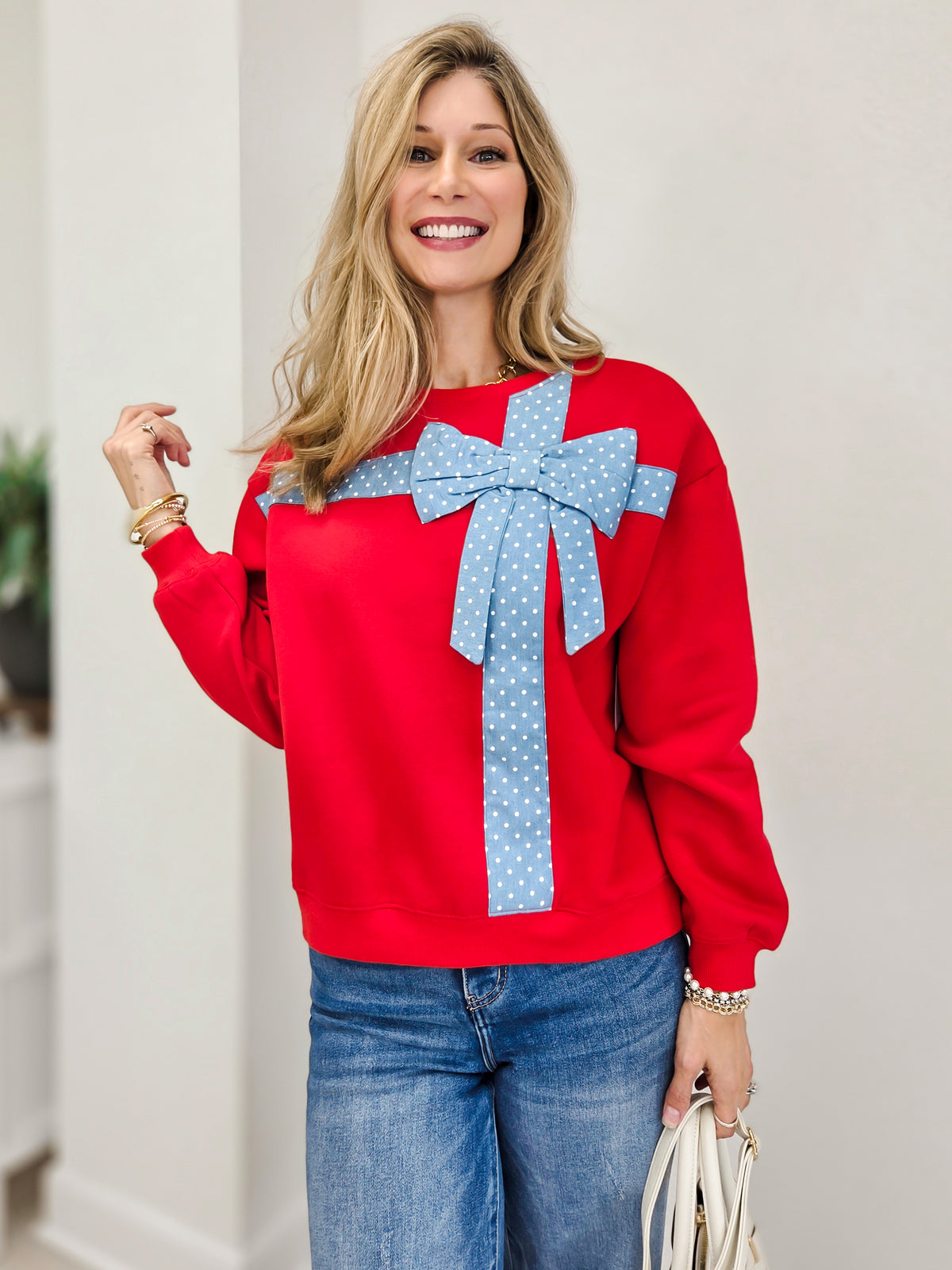 Polka Dot Bow Crew Neck Sweatshirt