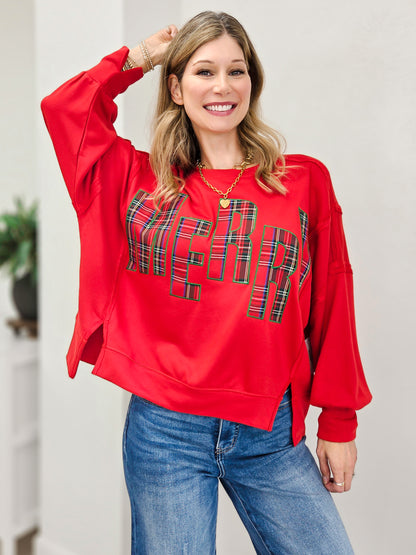 Plaid Patch Letter Merry Oversized Sweatshirt