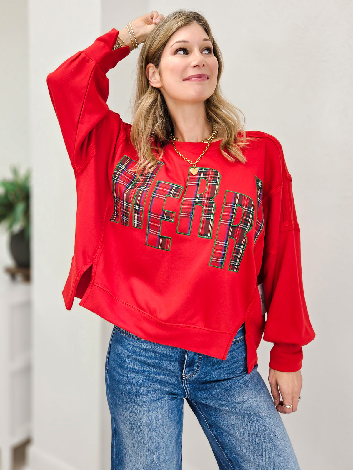 Plaid Patch Letter Merry Oversized Sweatshirt