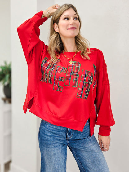 Plaid Patch Letter Merry Oversized Sweatshirt