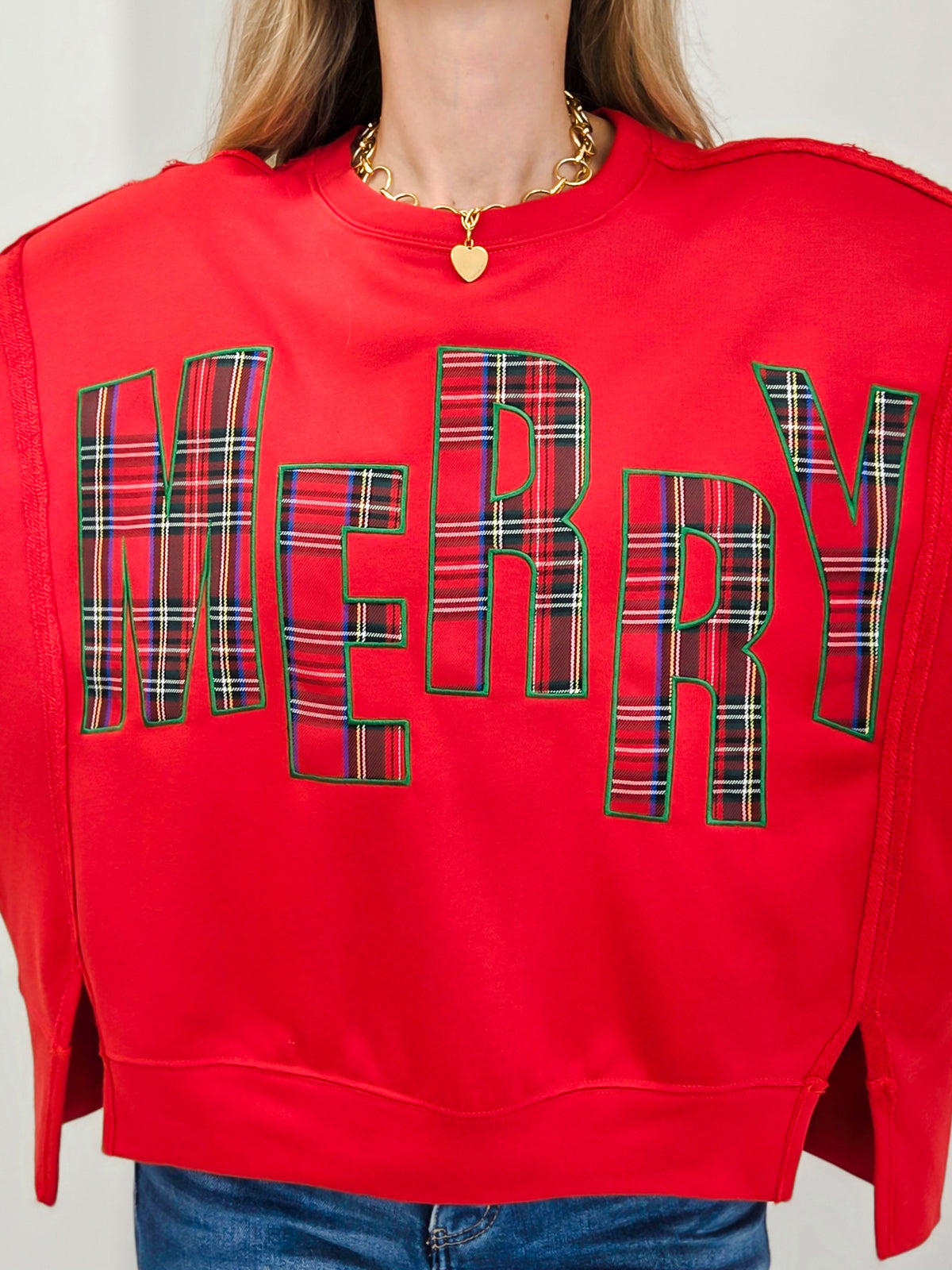 Plaid Patch Letter Merry Oversized Sweatshirt