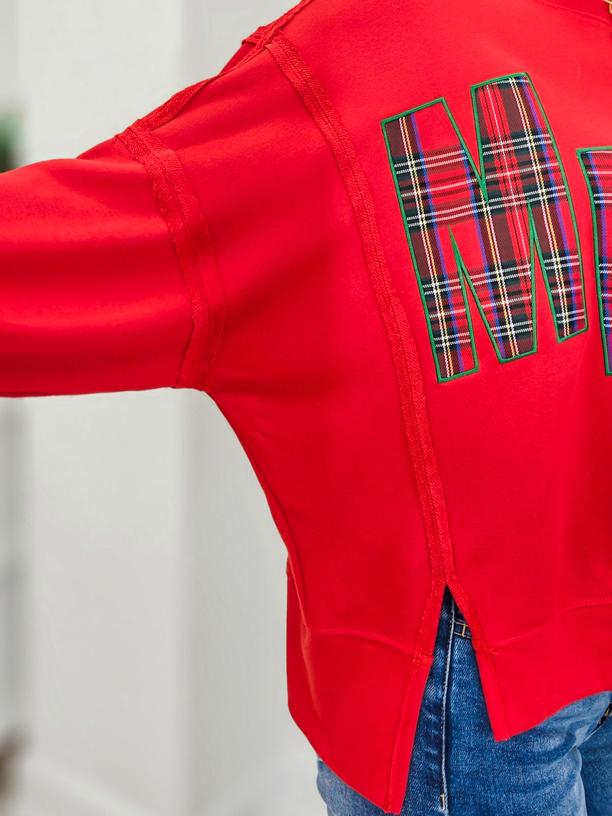 Plaid Patch Letter Merry Oversized Sweatshirt