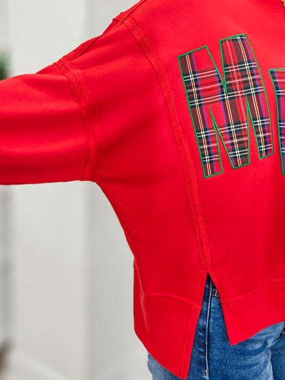 Plaid Patch Letter Merry Oversized Sweatshirt