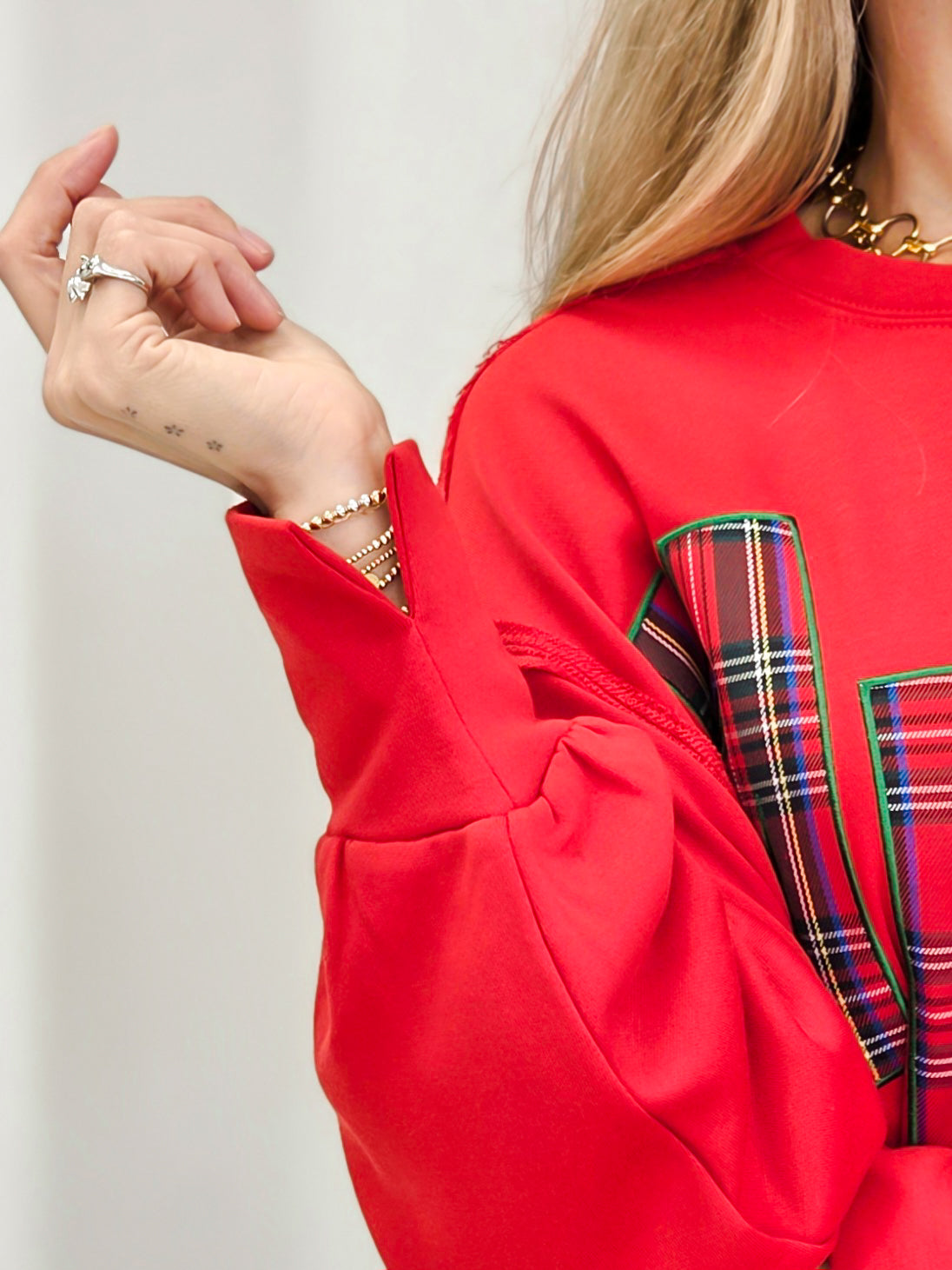 Plaid Patch Letter Merry Oversized Sweatshirt