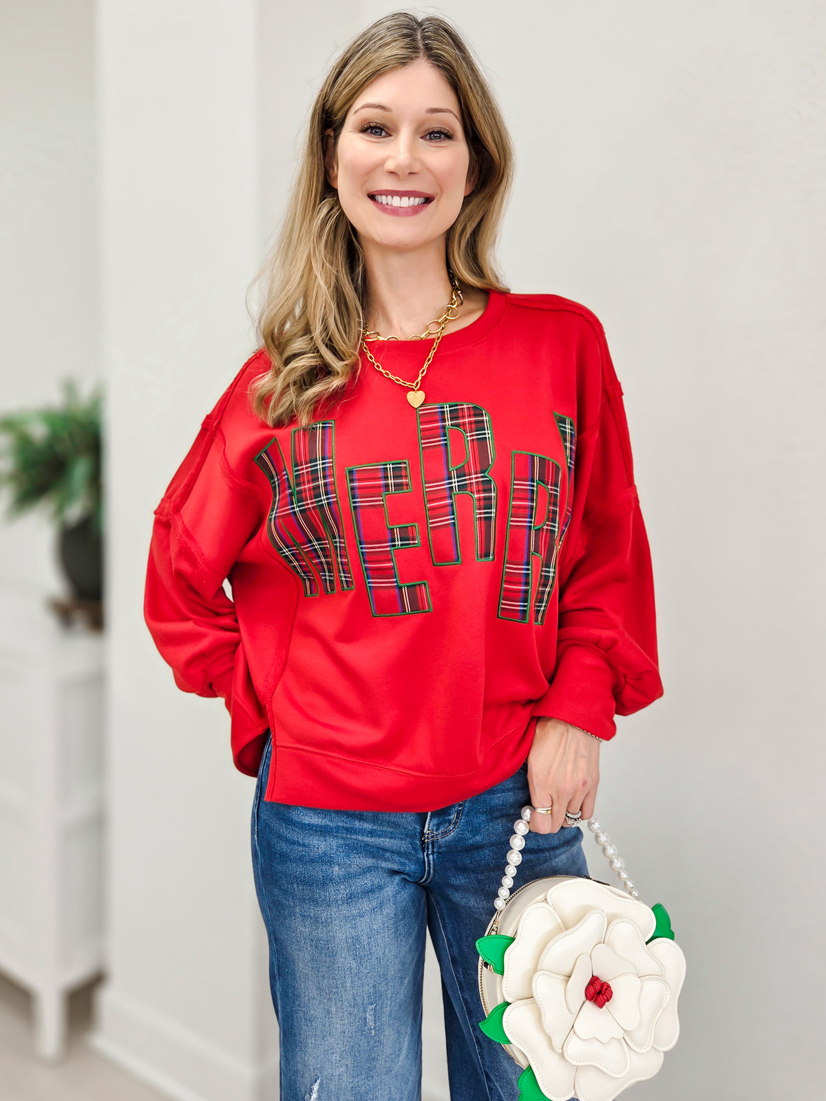Plaid Patch Letter Merry Oversized Sweatshirt