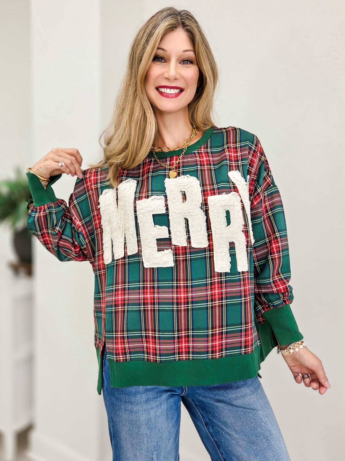 Plaid Pullover Sweatshirt With Sherpa Merry Detail