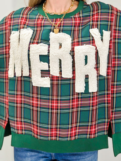 Plaid Pullover Sweatshirt With Sherpa Merry Detail