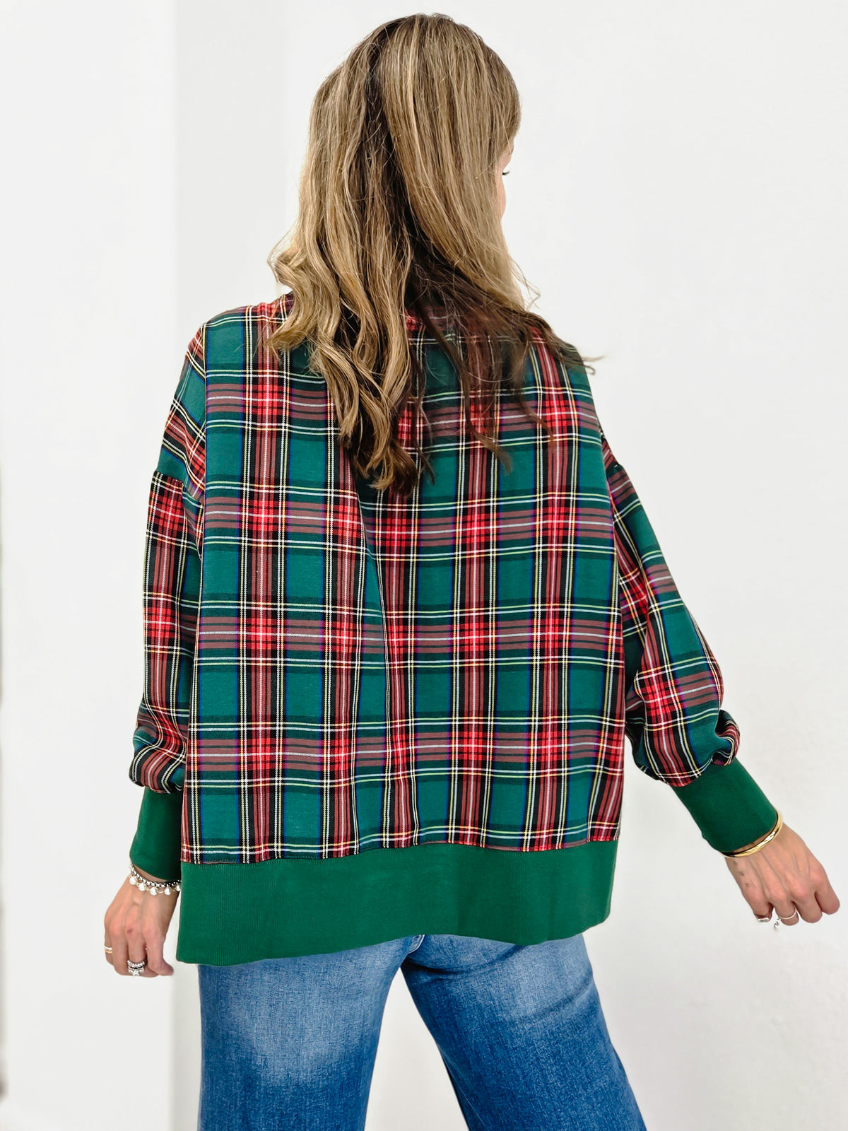 Plaid Pullover Sweatshirt With Sherpa Merry Detail