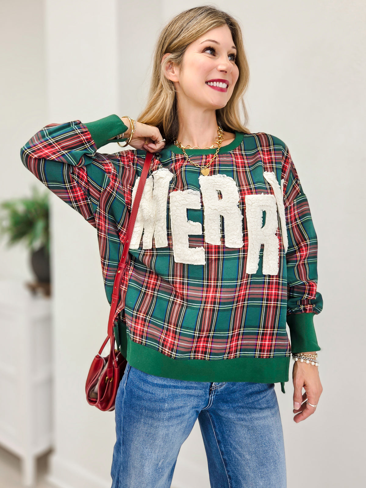 Plaid Pullover Sweatshirt With Sherpa Merry Detail