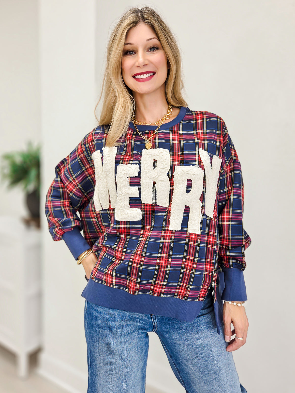 Plaid Pullover Sweatshirt With Sherpa Merry Detail