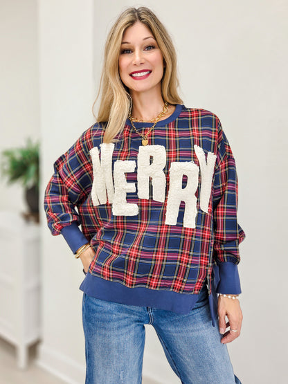 Plaid Pullover Sweatshirt With Sherpa Merry Detail