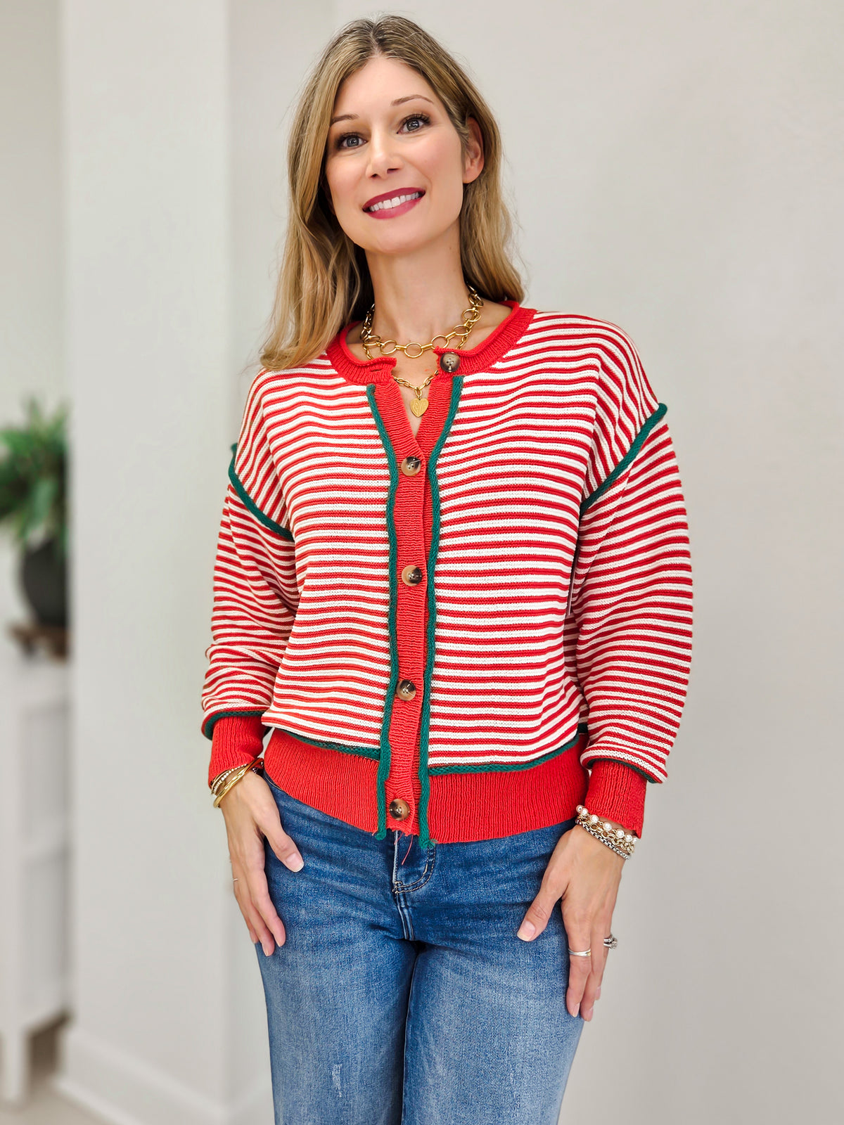 Christmas Striped Cardigan With Front Button Detail