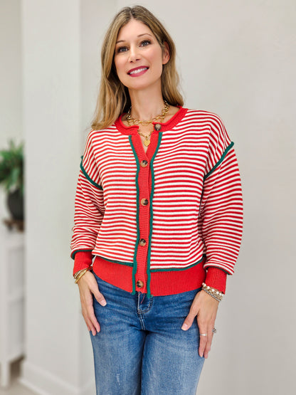 Christmas Striped Cardigan With Front Button Detail