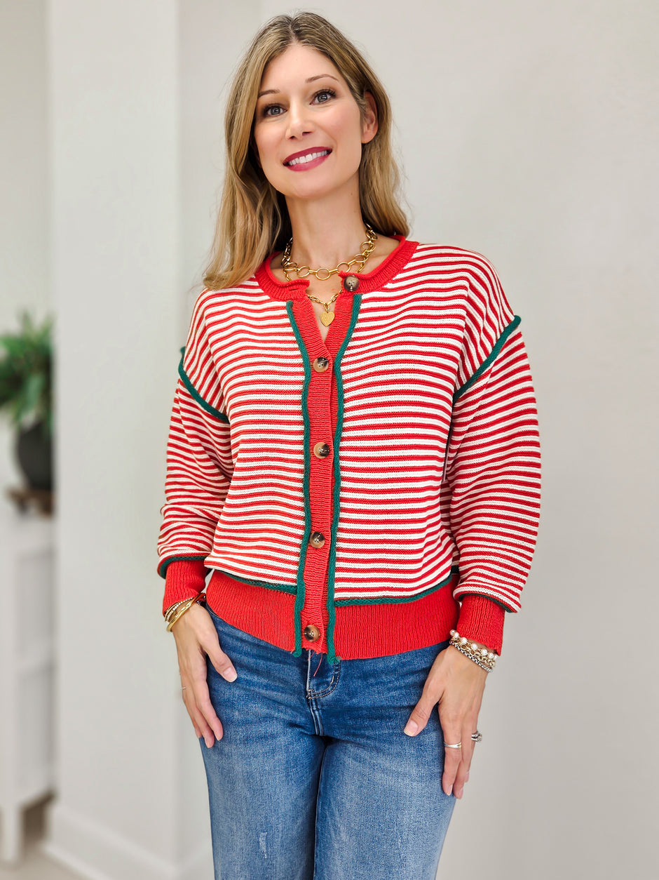 Christmas Striped Cardigan With Front Button Detail