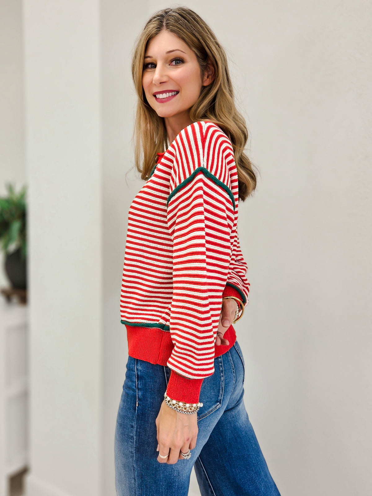 Christmas Striped Cardigan With Front Button Detail
