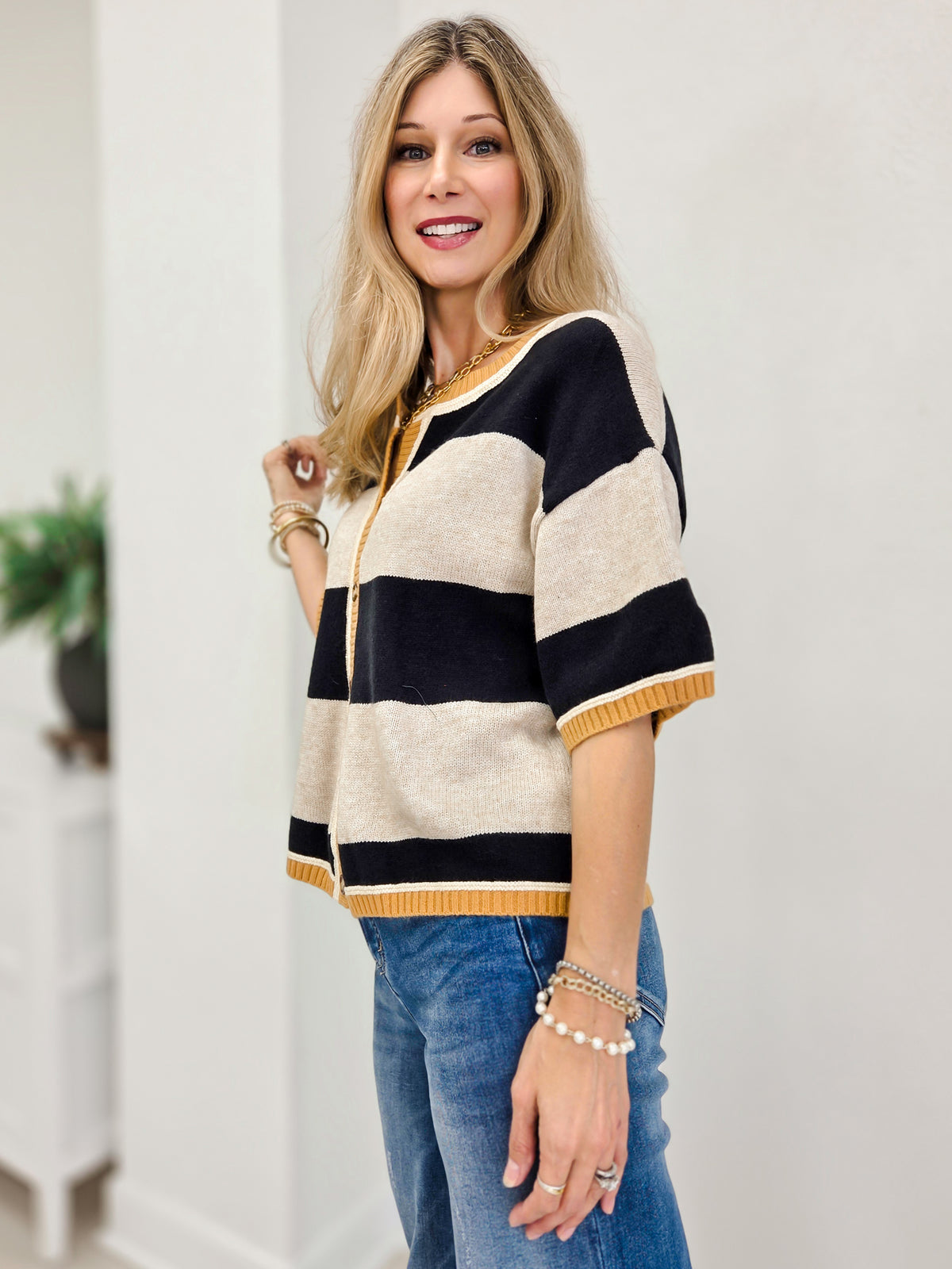 Wide Stripe Loose Fit Cardigan Sweater