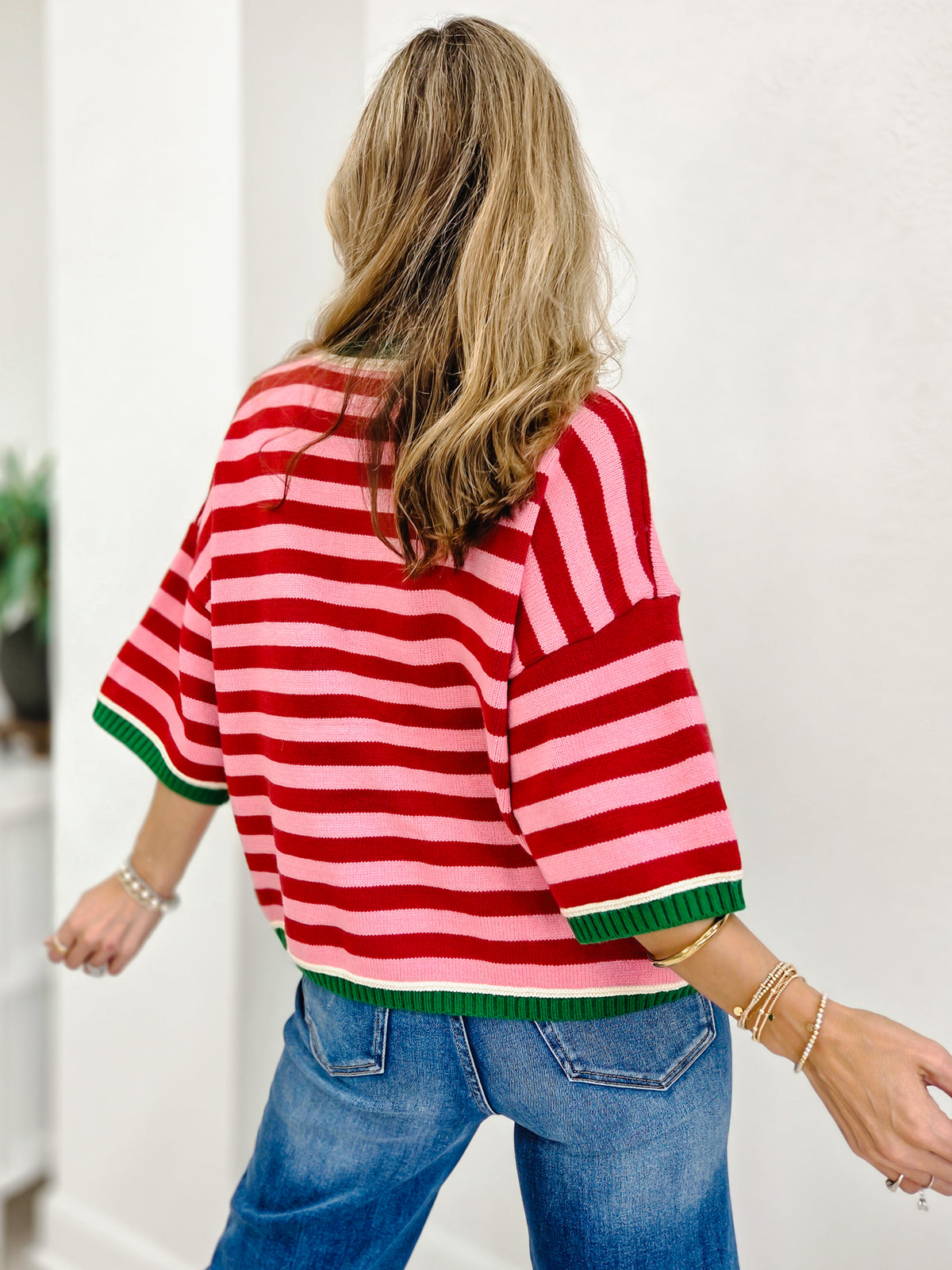 Holiday Cheer Striped Sweater With Sherpa Merry Detail