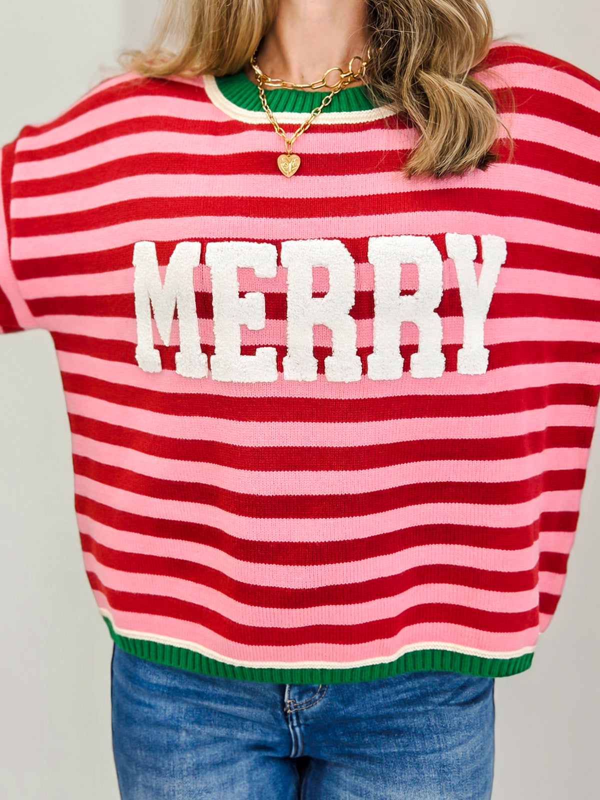 Holiday Cheer Striped Sweater With Sherpa Merry Detail