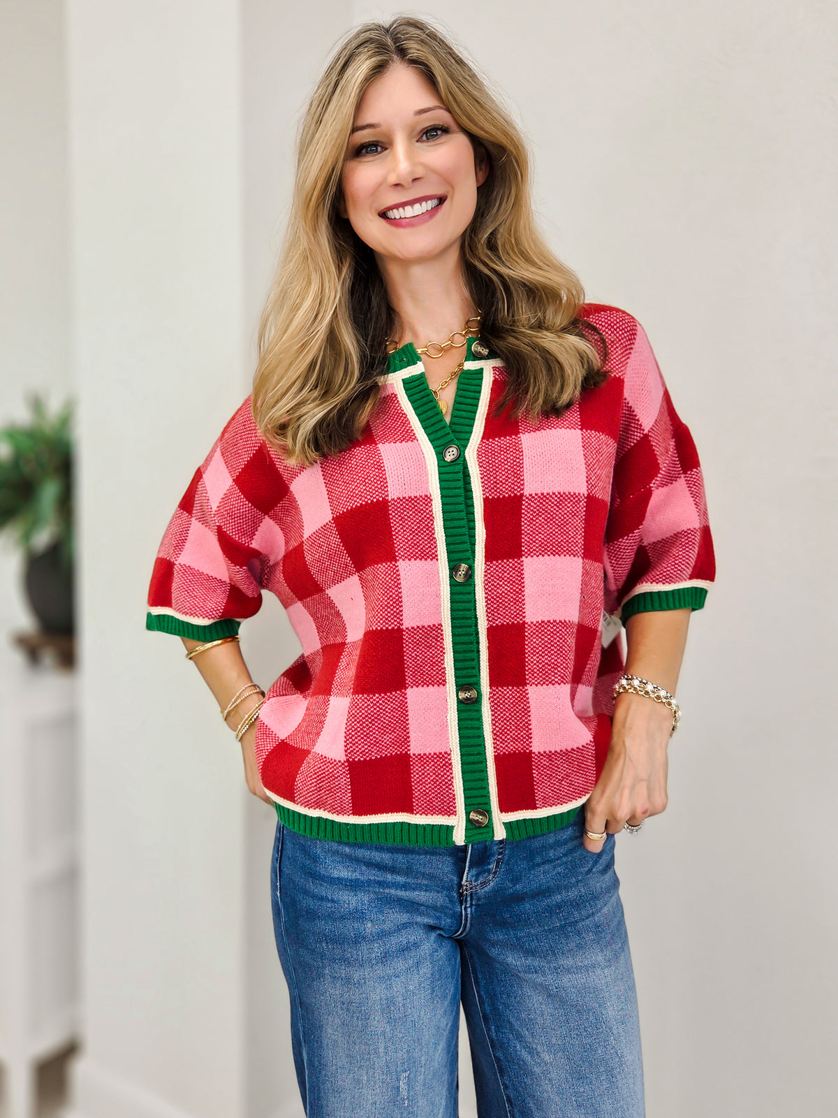 Christmas Check Gingham Cardigan With Green Hem Detail