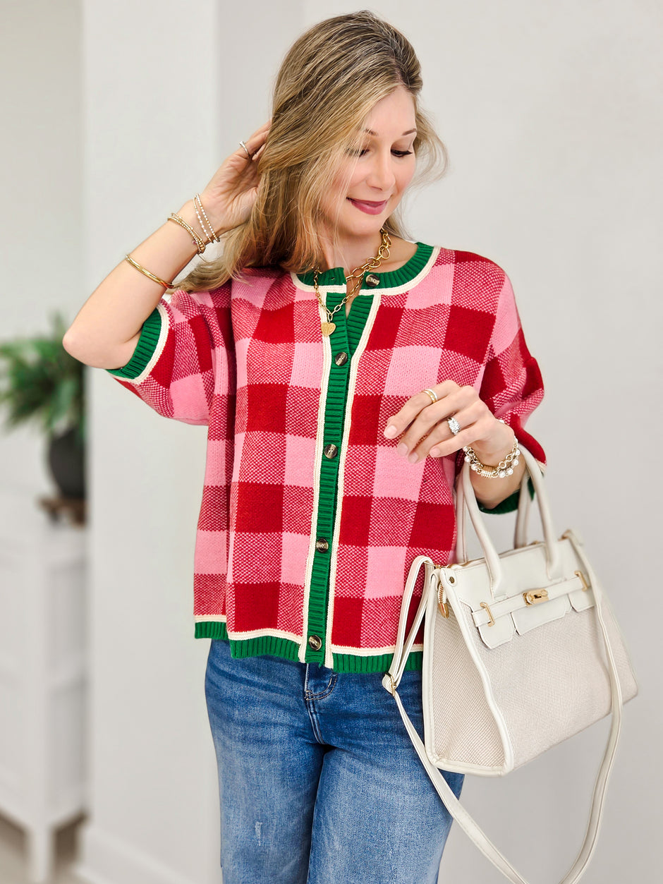 Christmas Check Gingham Cardigan With Green Hem Detail