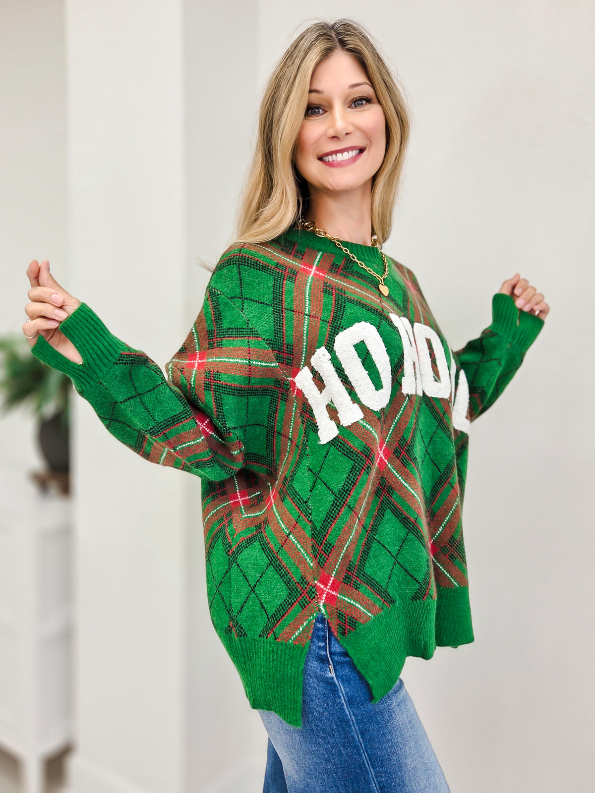 Ho Ho Ho Plaid Christmas Sweater